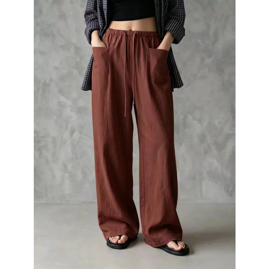 Full Size Drawstring Wide-Leg Casual Pants Plus Brown / S Apparel and Accessories