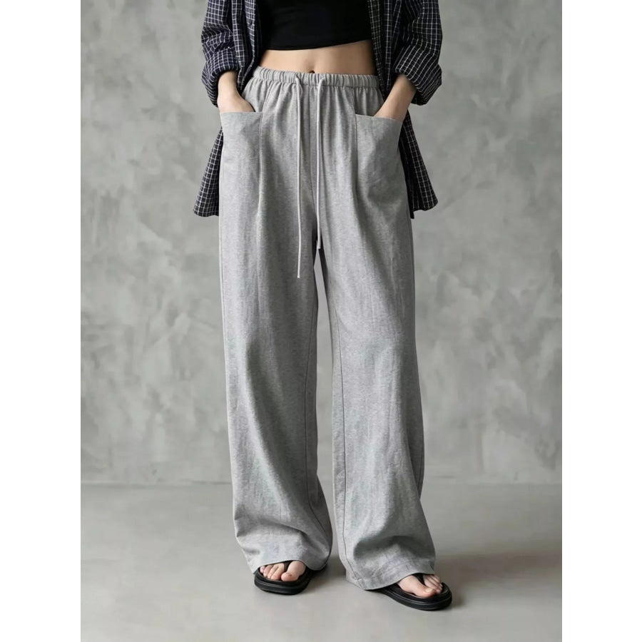 Full Size Drawstring Wide-Leg Casual Pants Plus Gray / S Apparel and Accessories