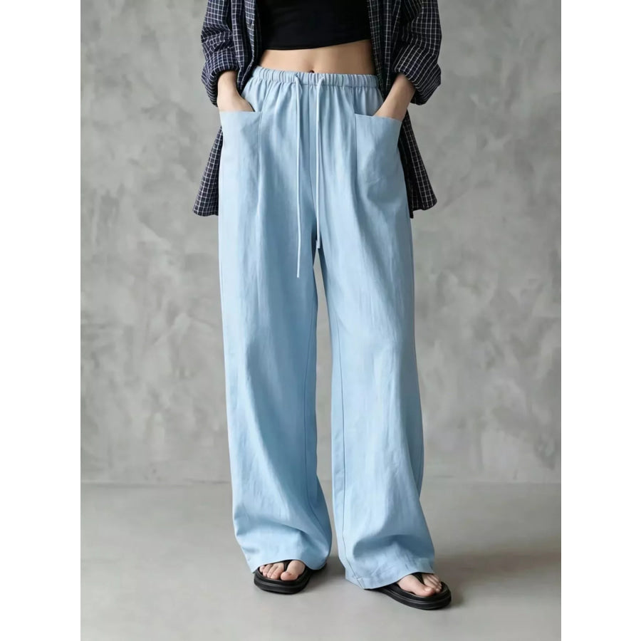 Full Size Drawstring Wide-Leg Casual Pants Plus Light Blue / S Apparel and Accessories