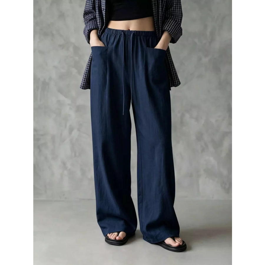 Full Size Drawstring Wide-Leg Casual Pants Plus Navy Blue / S Apparel and Accessories