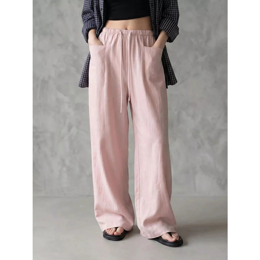 Full Size Drawstring Wide-Leg Casual Pants Plus Pink / S Apparel and Accessories