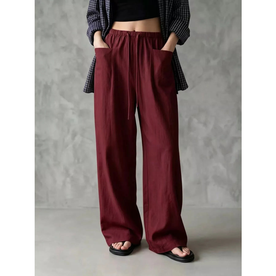 Full Size Drawstring Wide-Leg Casual Pants Plus Wine Red / S Apparel and Accessories