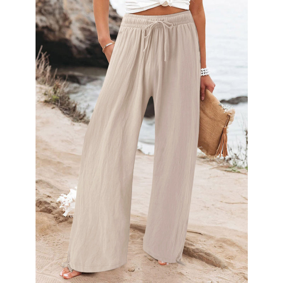 Full Size Drawstring Wide Leg Pants Plus Size Apricot / S Apparel and Accessories