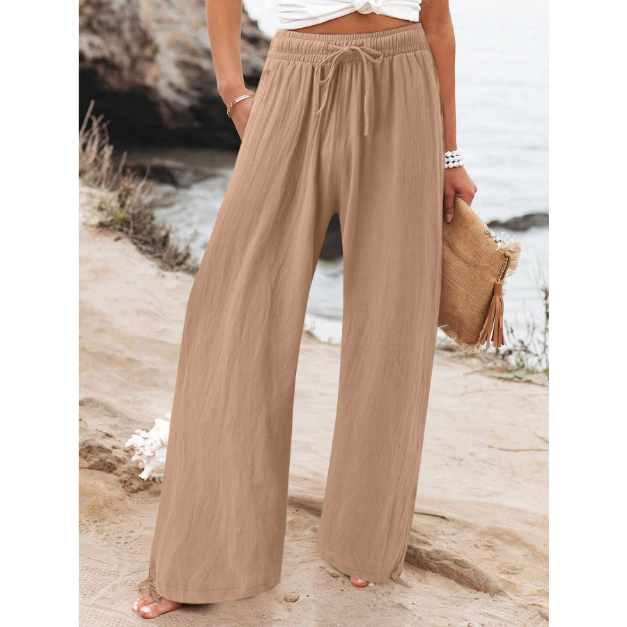 Full Size Drawstring Wide Leg Pants Plus Size Khaki / S Apparel and Accessories