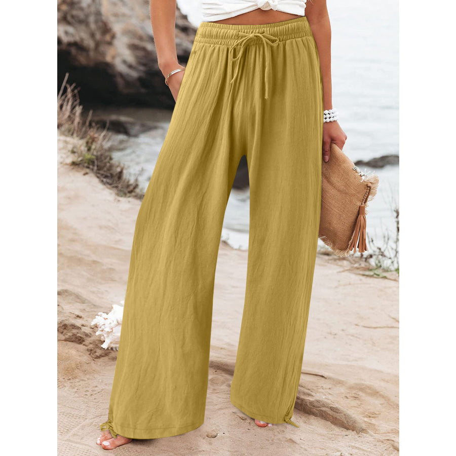 Full Size Drawstring Wide Leg Pants Plus Size Light Yellow / L Apparel and Accessories