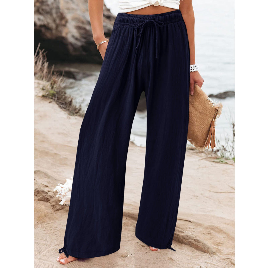 Full Size Drawstring Wide Leg Pants Plus Size Navy Blue / S Apparel and Accessories