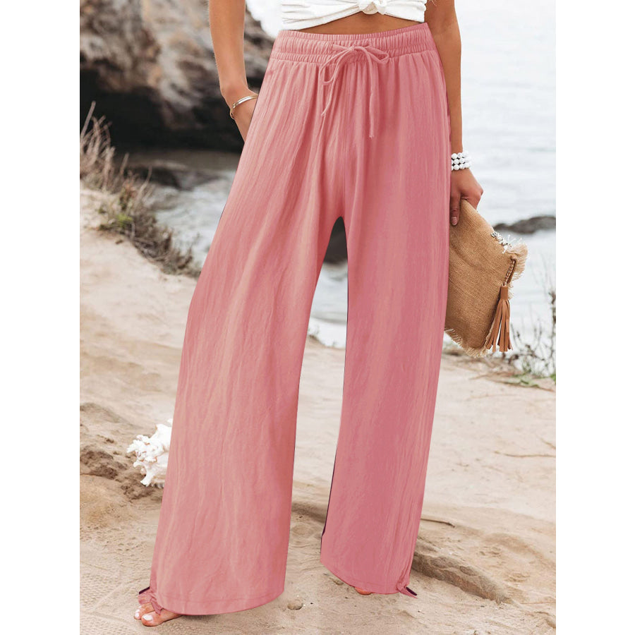 Full Size Drawstring Wide Leg Pants Plus Size Peach / 4XL Apparel and Accessories