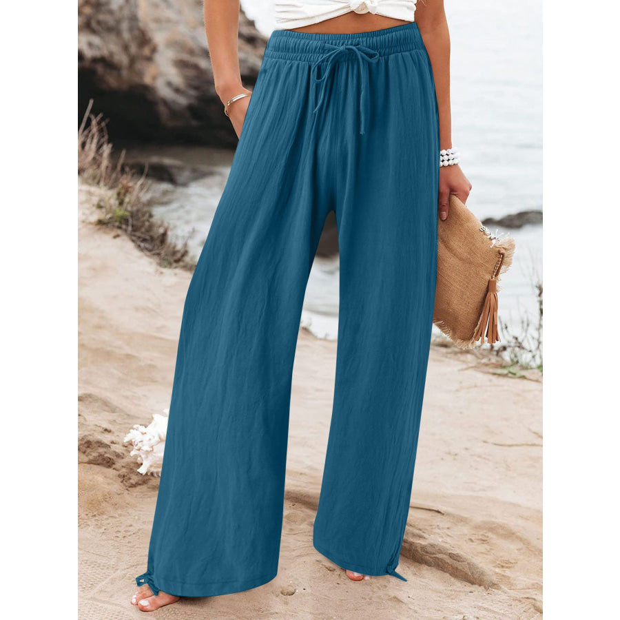 Full Size Drawstring Wide Leg Pants Plus Size Peacock Blue / M Apparel and Accessories