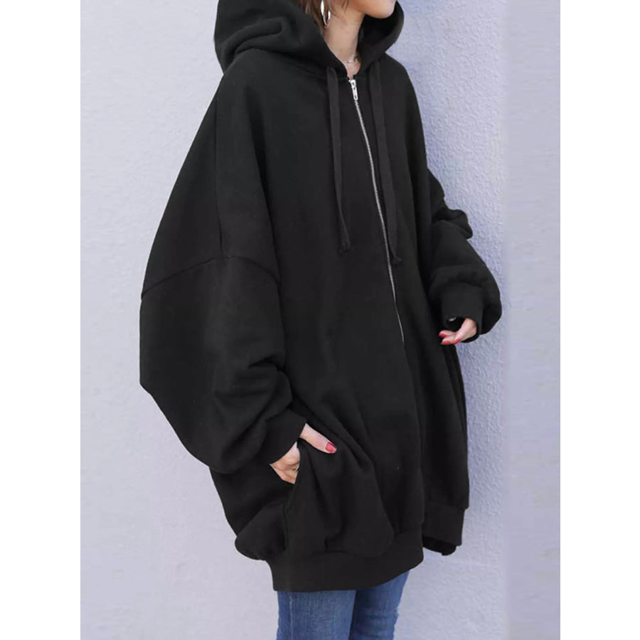 Full Size Drawstring Zip-Up Oversize Hoodie Plus Apparel and Accessories
