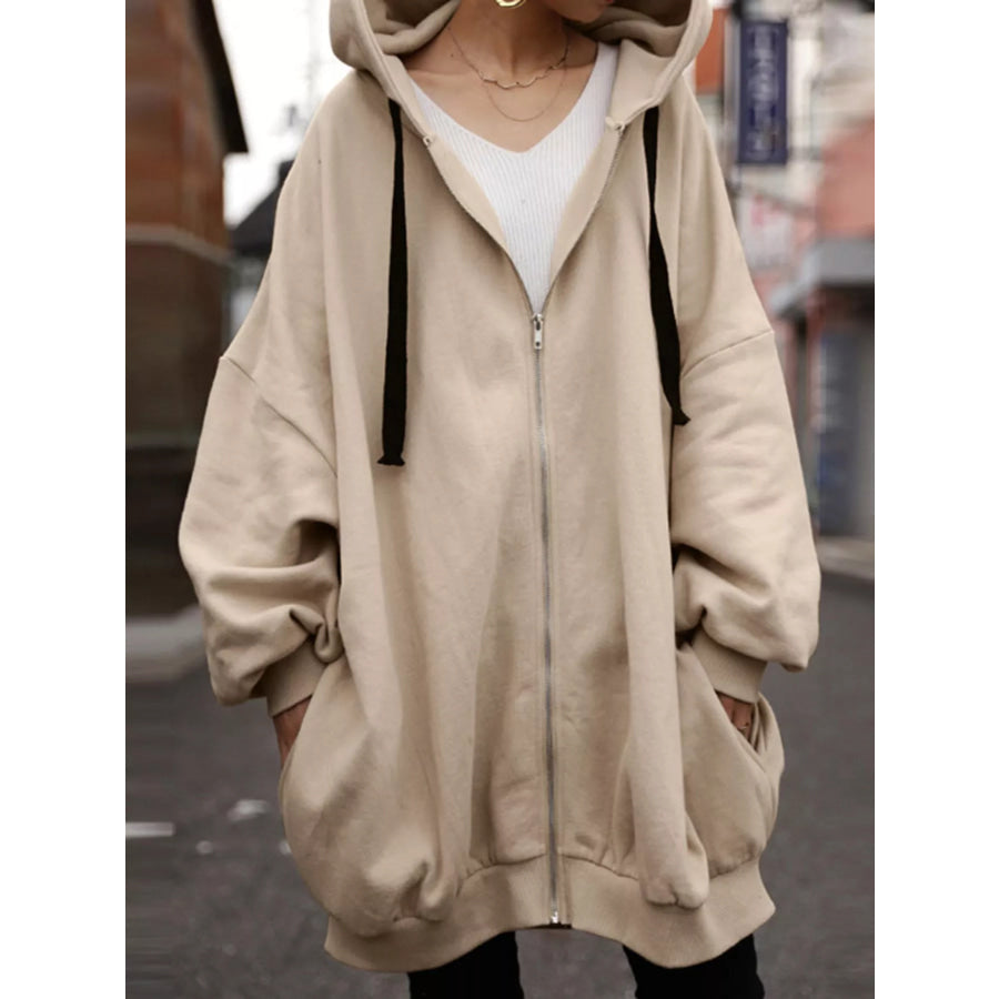 Full Size Drawstring Zip-Up Oversize Hoodie Plus Apparel and Accessories