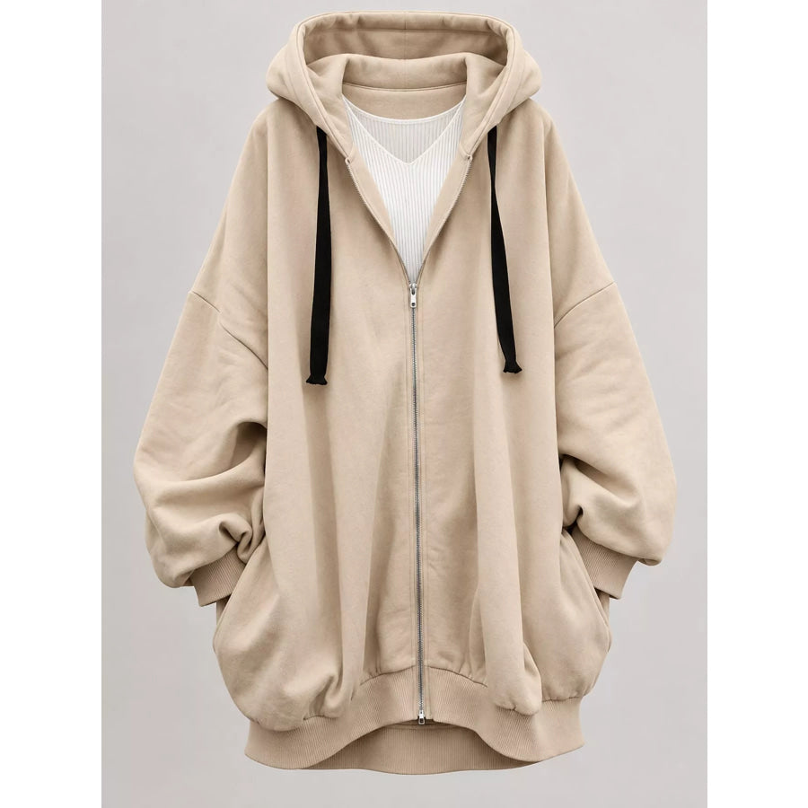 Full Size Drawstring Zip-Up Oversize Hoodie Plus Apparel and Accessories