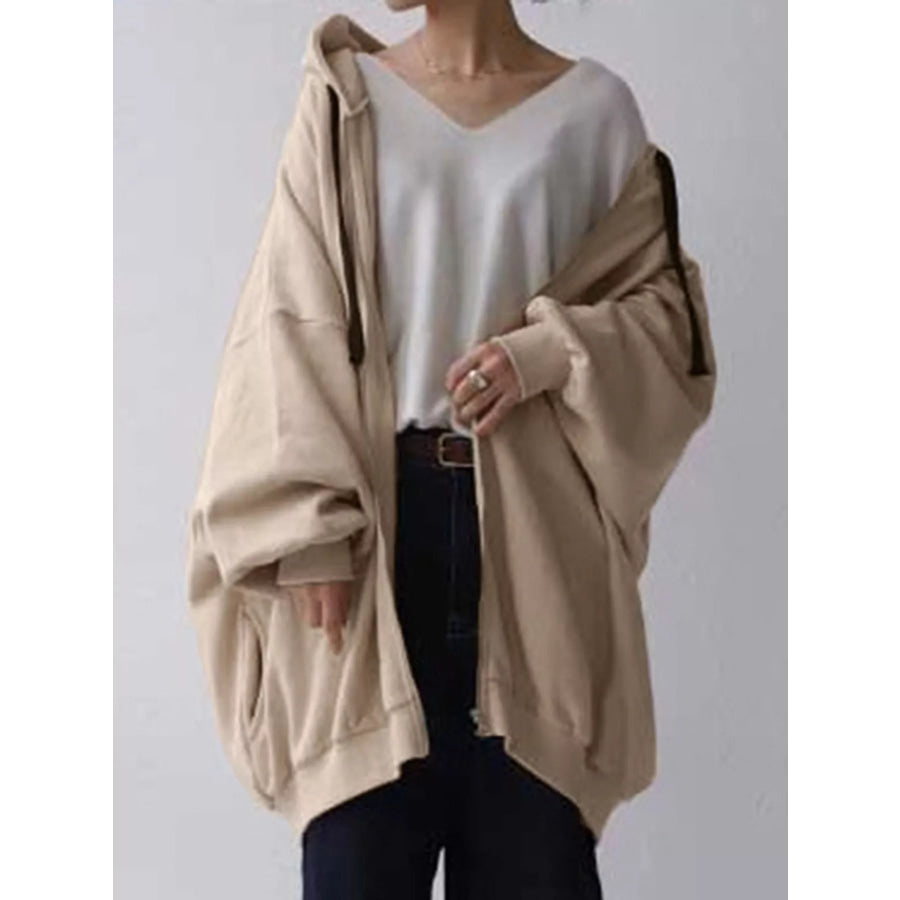 Full Size Drawstring Zip-Up Oversize Hoodie Plus Apricot / S Apparel and Accessories