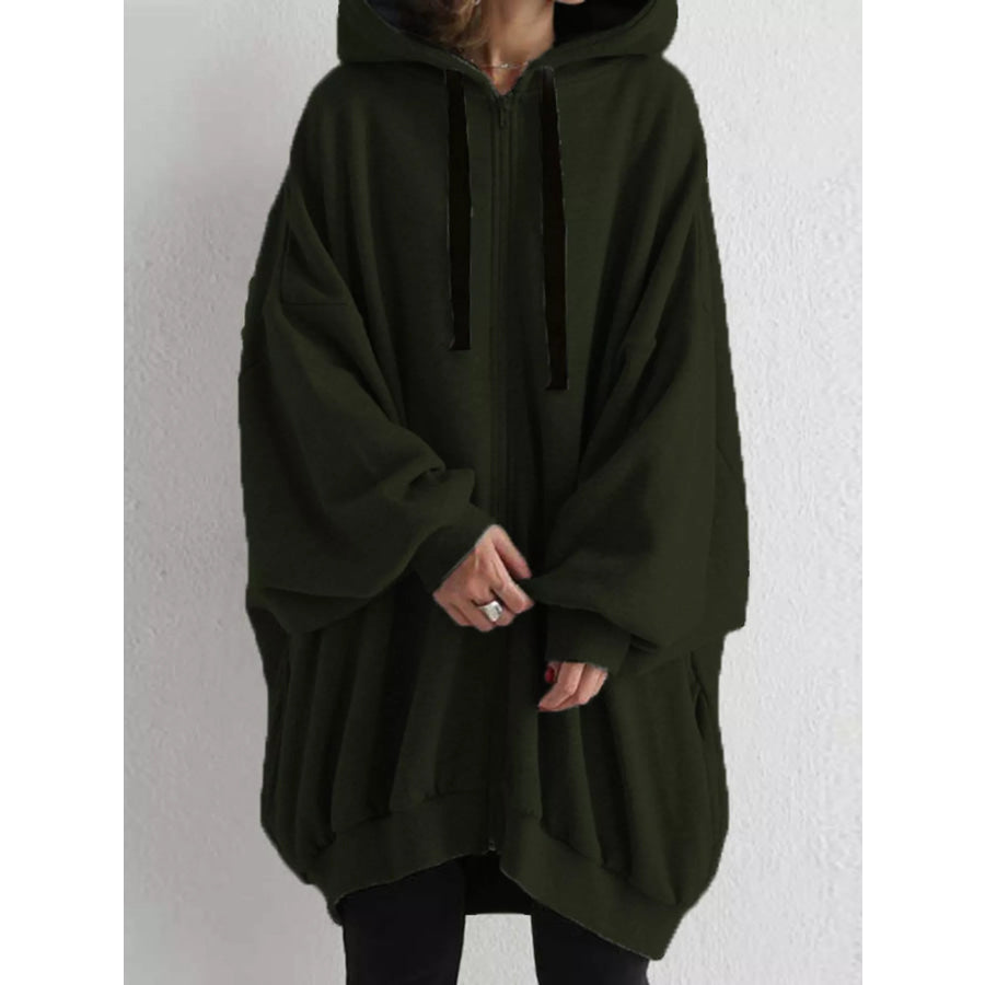 Full Size Drawstring Zip-Up Oversize Hoodie Plus Army Green / S Apparel and Accessories