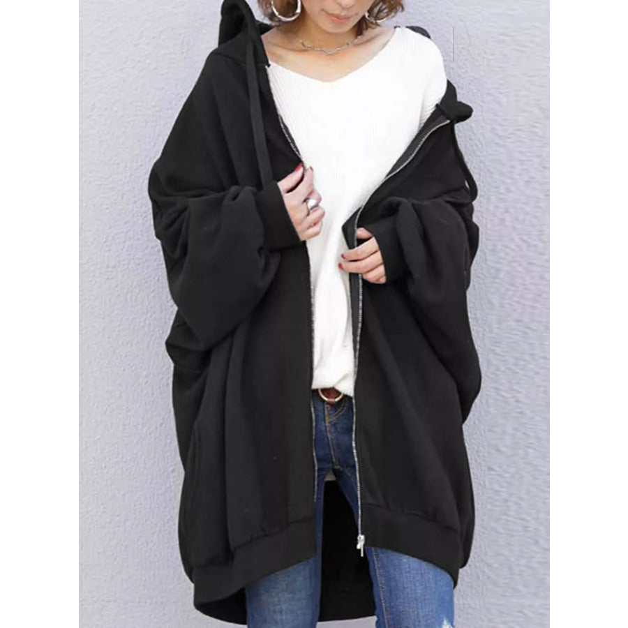 Full Size Drawstring Zip-Up Oversize Hoodie Plus Black / S Apparel and Accessories