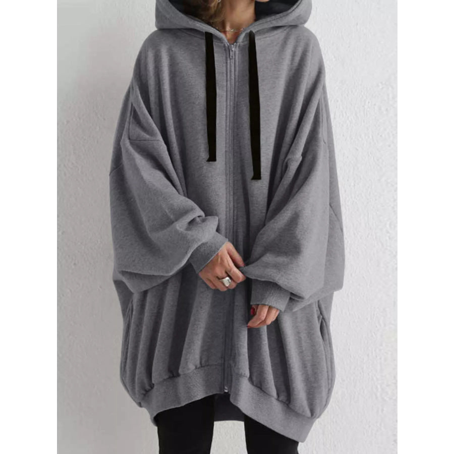 Full Size Drawstring Zip-Up Oversize Hoodie Plus Gray / S Apparel and Accessories