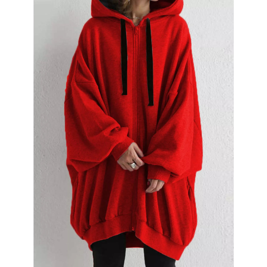 Full Size Drawstring Zip-Up Oversize Hoodie Plus Red / S Apparel and Accessories