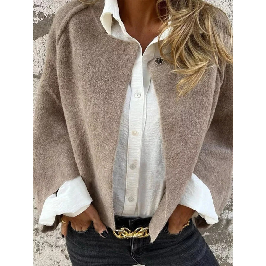 Full Size Dropped Shoulder Fuzzy Knit Cardigan Plus Size Apparel and Accessories