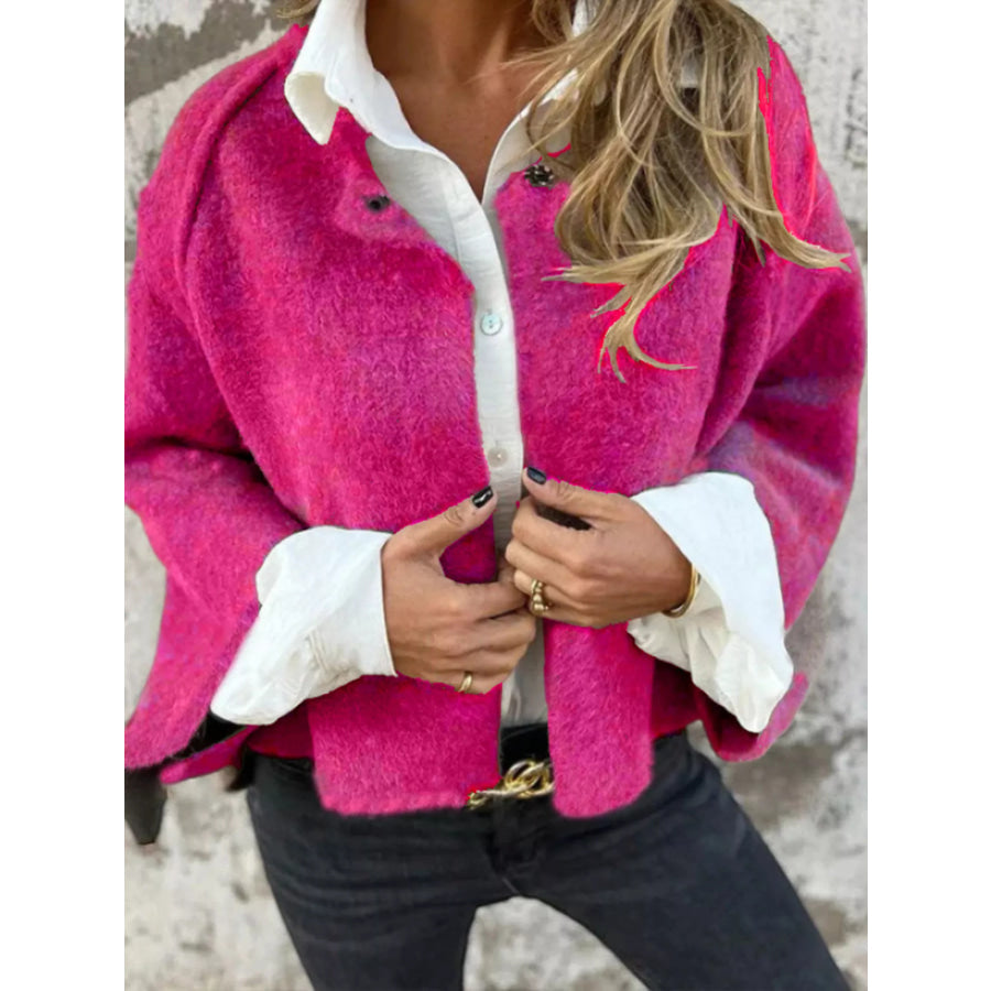 Full Size Dropped Shoulder Fuzzy Knit Cardigan Plus Size Rose Red / XS Apparel and Accessories