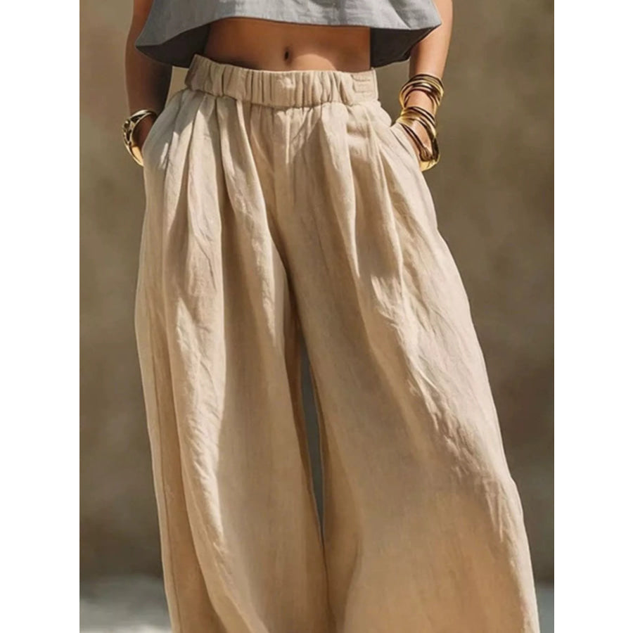 Full Size Elastic Waistband Wide Leg Pants Plus Size Apparel and Accessories