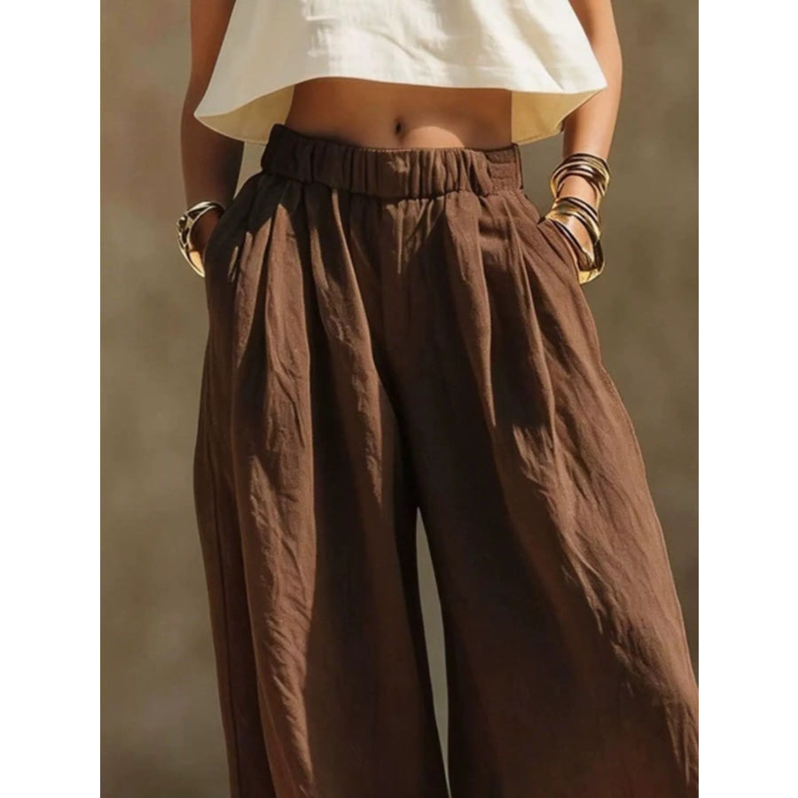 Full Size Elastic Waistband Wide Leg Pants Plus Size Apparel and Accessories