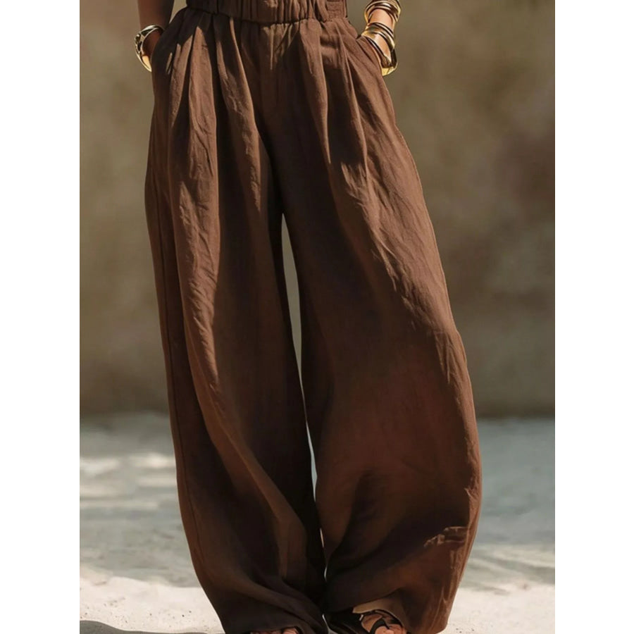 Full Size Elastic Waistband Wide Leg Pants Plus Size Apparel and Accessories