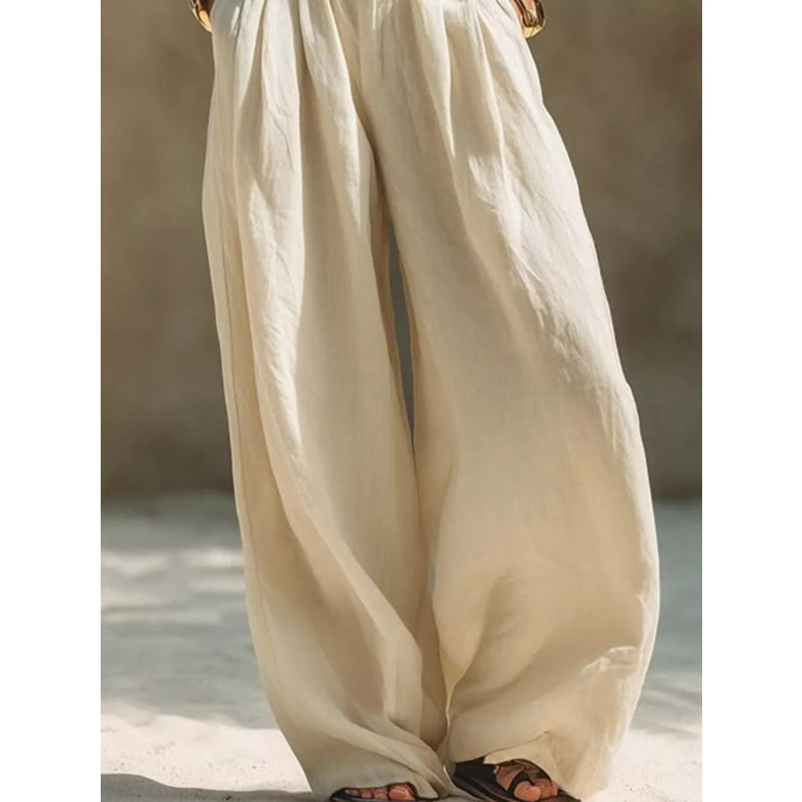 Full Size Elastic Waistband Wide Leg Pants Plus Size Beige / S Apparel and Accessories