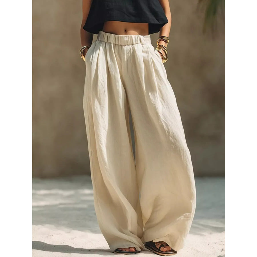 Full Size Elastic Waistband Wide Leg Pants Plus Size Beige / S Apparel and Accessories