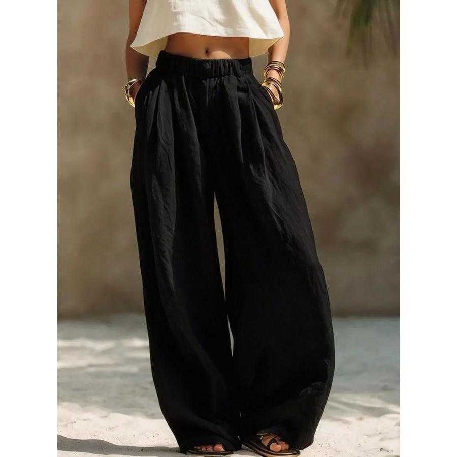 Full Size Elastic Waistband Wide Leg Pants Plus Size Black / S Apparel and Accessories