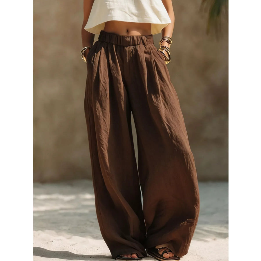 Full Size Elastic Waistband Wide Leg Pants Plus Size Coffee Brown / S Apparel and Accessories