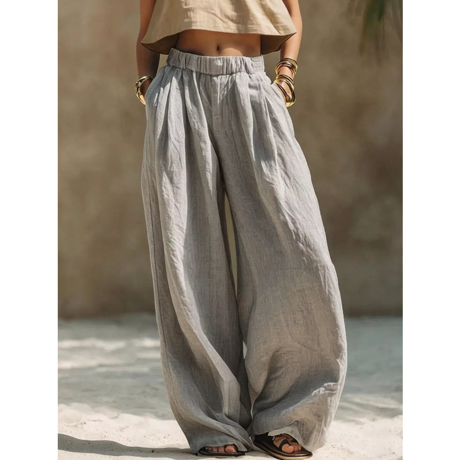 Full Size Elastic Waistband Wide Leg Pants Plus Size Gray / S Apparel and Accessories