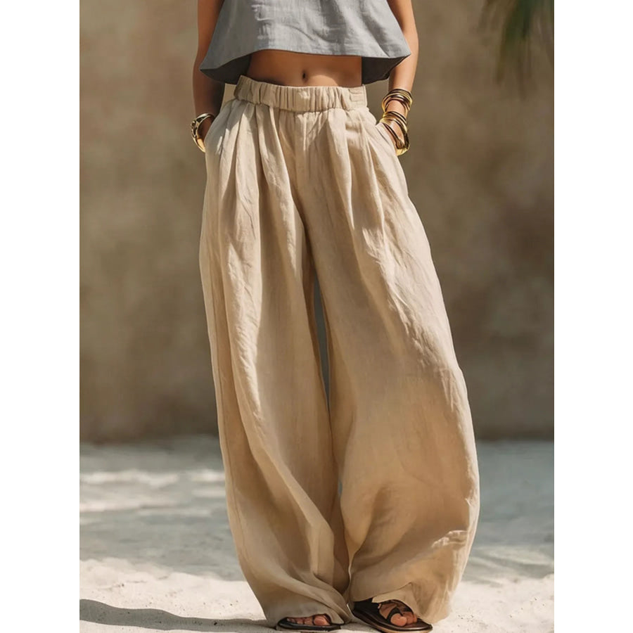 Full Size Elastic Waistband Wide Leg Pants Plus Size Khaki / S Apparel and Accessories