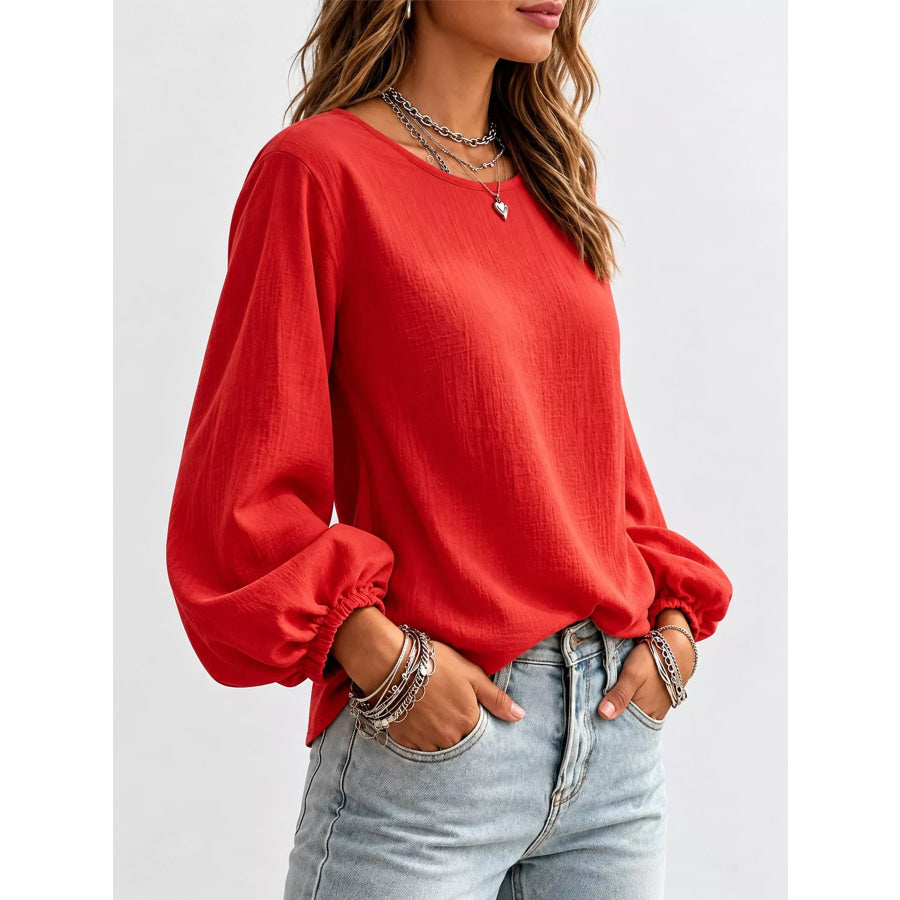 Full Size Elasticated Cuffs Long Sleeve Blouse Plus Apparel and Accessories