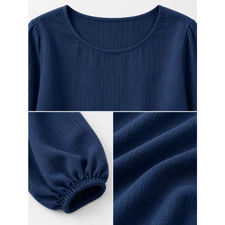 Full Size Elasticated Cuffs Long Sleeve Blouse Plus Apparel and Accessories