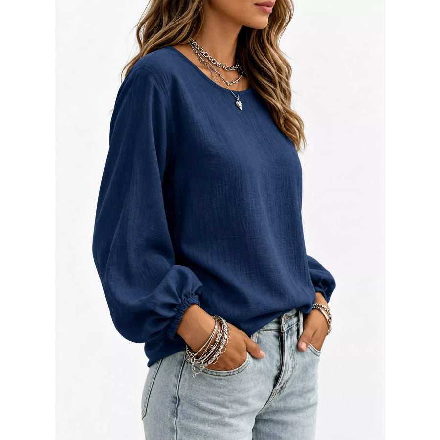 Full Size Elasticated Cuffs Long Sleeve Blouse Plus Apparel and Accessories