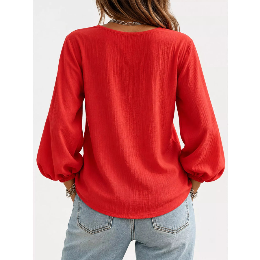 Full Size Elasticated Cuffs Long Sleeve Blouse Plus Apparel and Accessories
