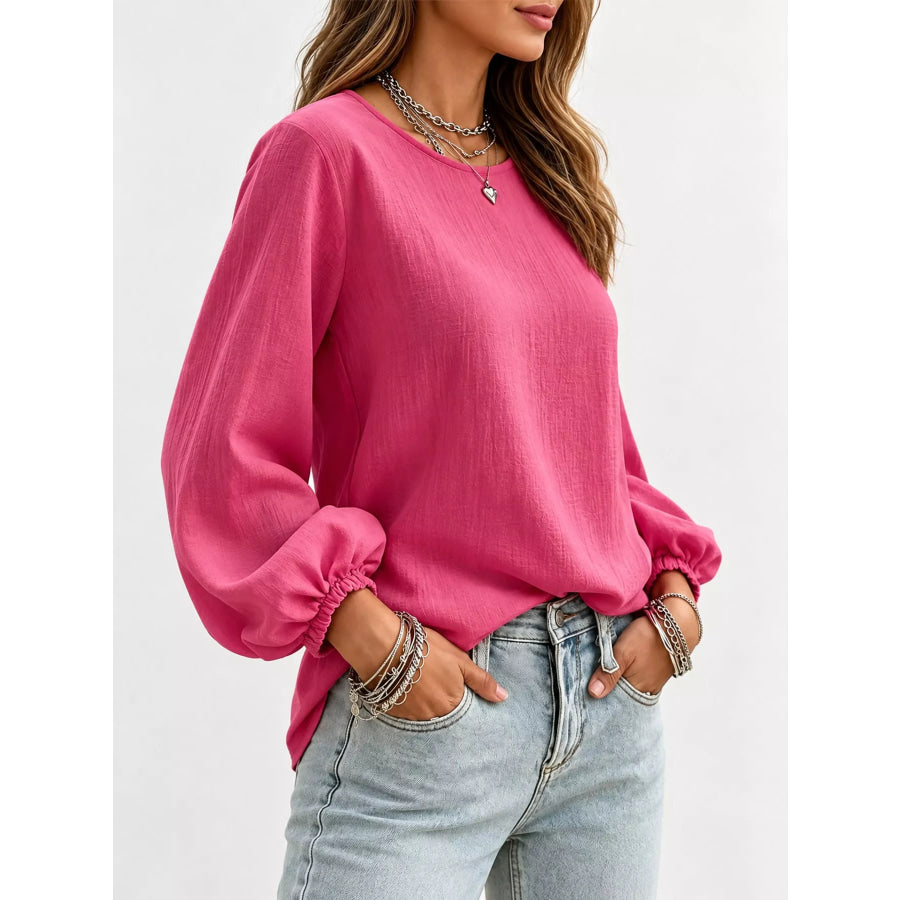 Full Size Elasticated Cuffs Long Sleeve Blouse Plus Apparel and Accessories
