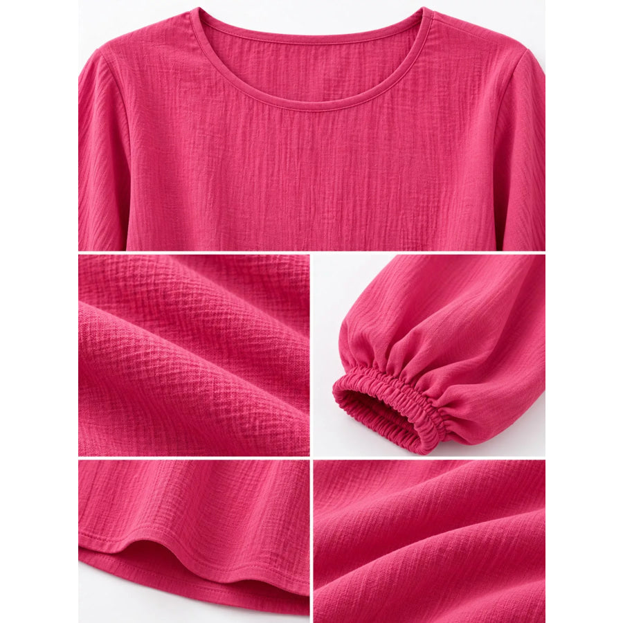 Full Size Elasticated Cuffs Long Sleeve Blouse Plus Apparel and Accessories
