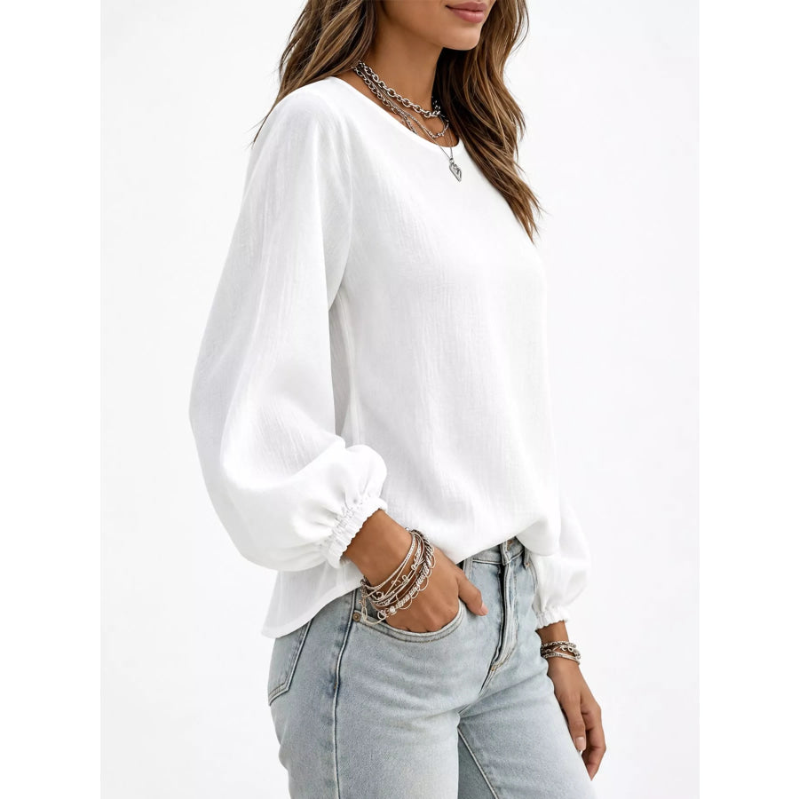 Full Size Elasticated Cuffs Long Sleeve Blouse Plus Apparel and Accessories