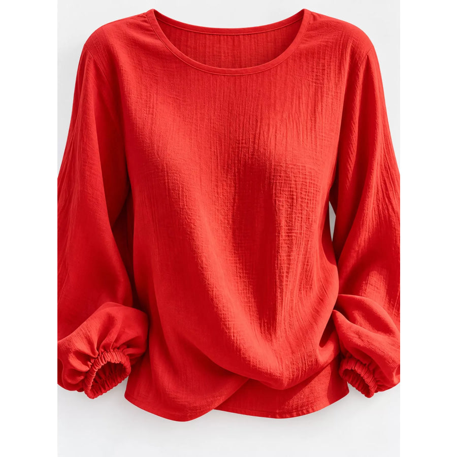 Full Size Elasticated Cuffs Long Sleeve Blouse Plus Apparel and Accessories