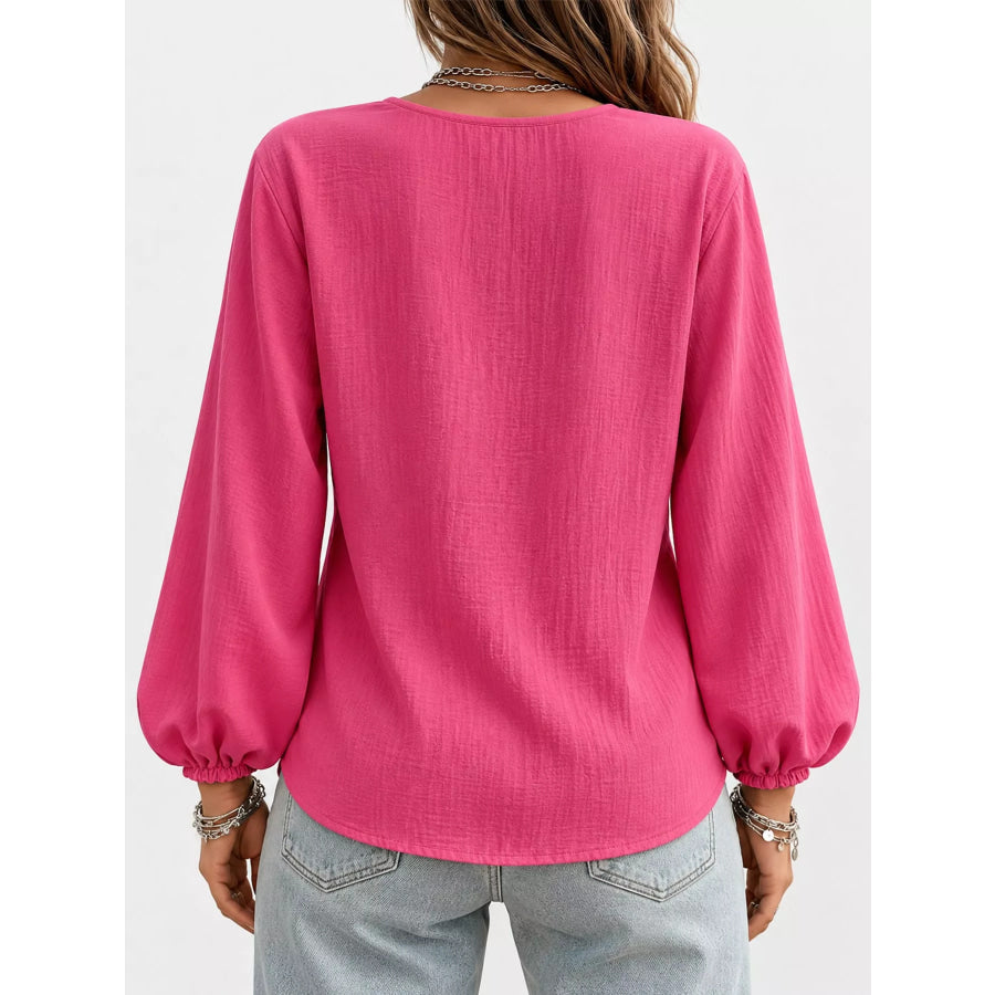 Full Size Elasticated Cuffs Long Sleeve Blouse Plus Apparel and Accessories