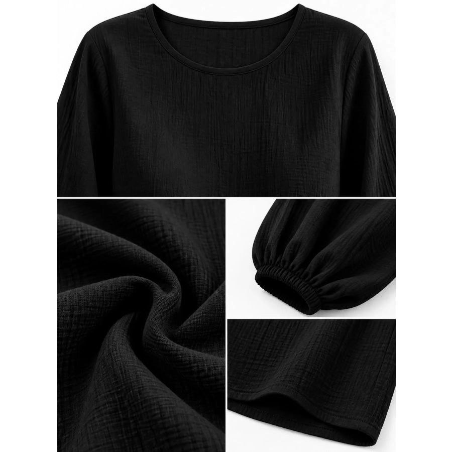 Full Size Elasticated Cuffs Long Sleeve Blouse Plus Apparel and Accessories