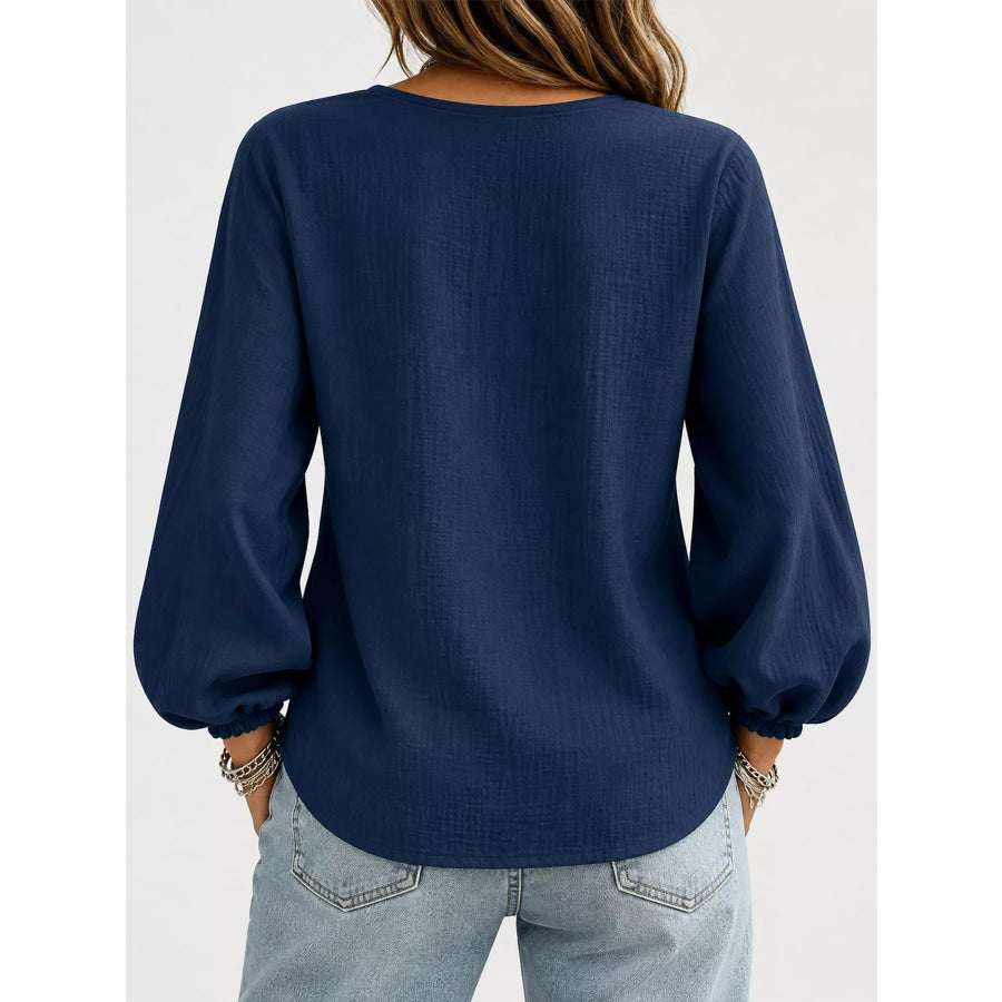 Full Size Elasticated Cuffs Long Sleeve Blouse Plus Apparel and Accessories