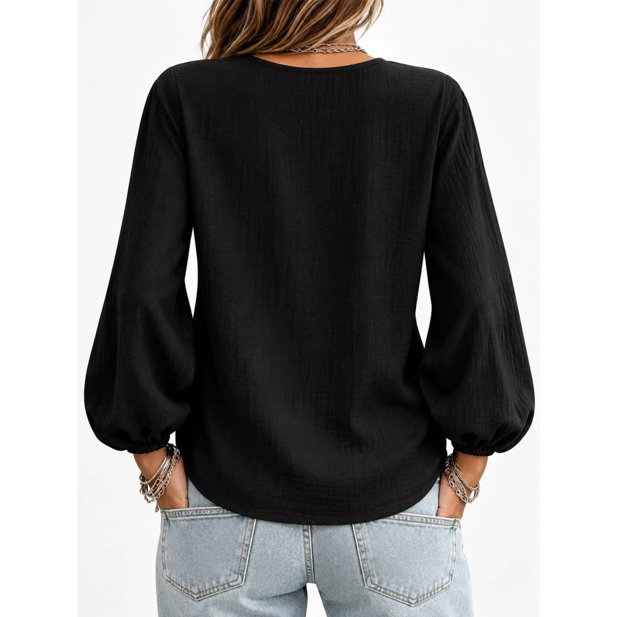 Full Size Elasticated Cuffs Long Sleeve Blouse Plus Apparel and Accessories