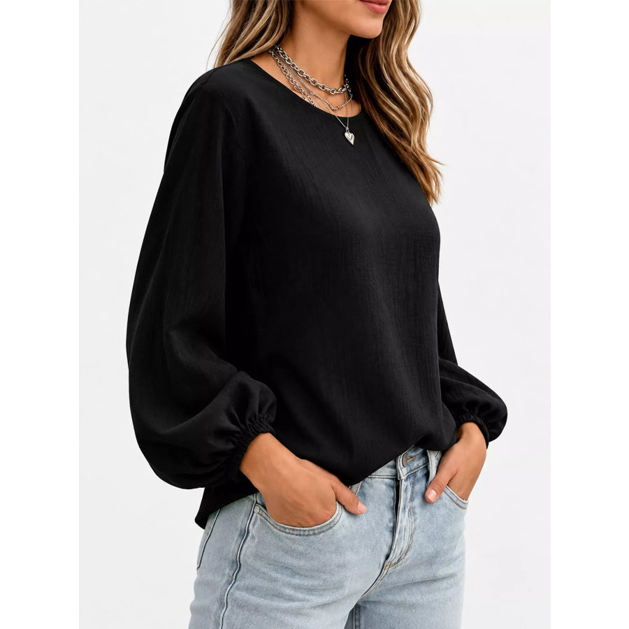 Full Size Elasticated Cuffs Long Sleeve Blouse Plus Apparel and Accessories