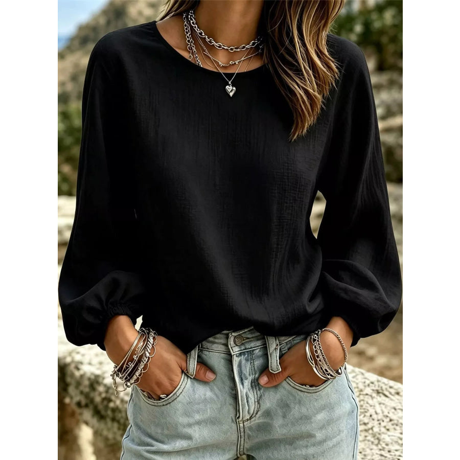 Full Size Elasticated Cuffs Long Sleeve Blouse Plus Black / S Apparel and Accessories