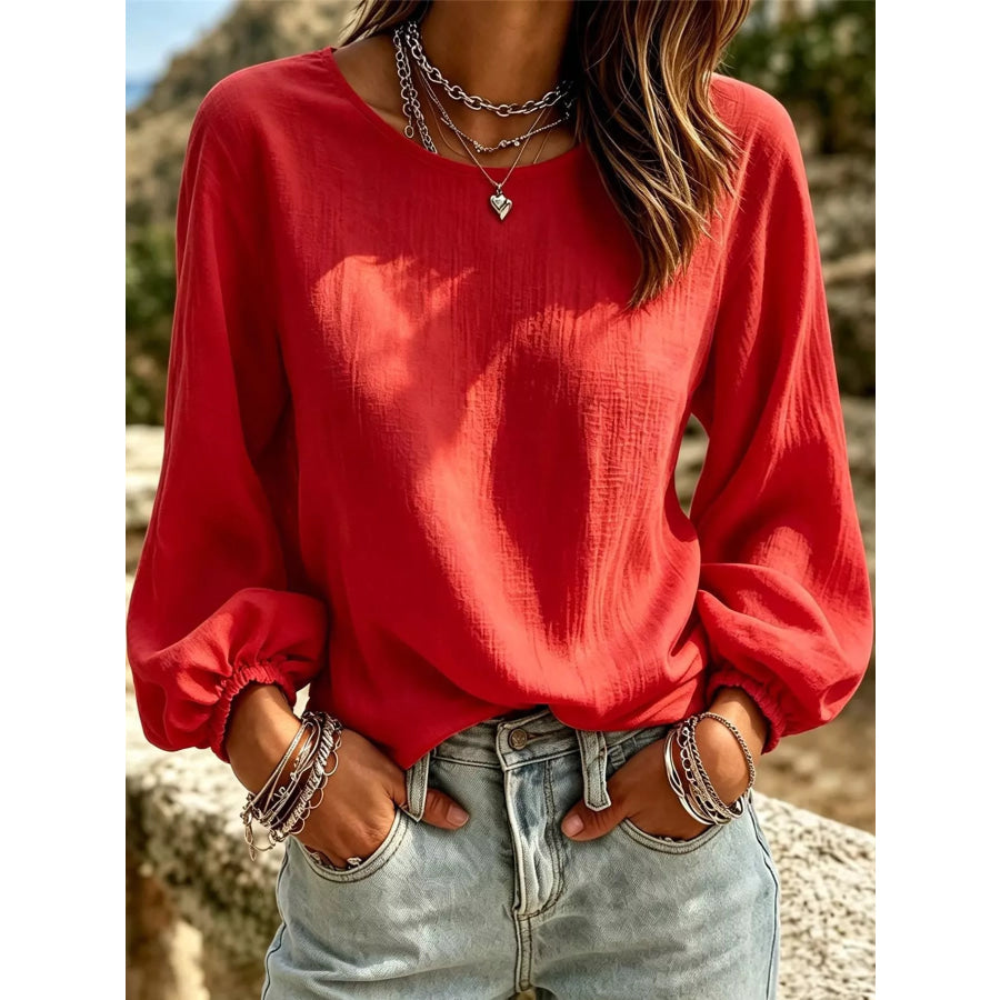 Full Size Elasticated Cuffs Long Sleeve Blouse Plus Orange-red / S Apparel and Accessories