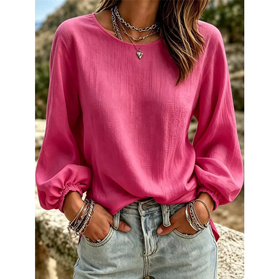 Full Size Elasticated Cuffs Long Sleeve Blouse Plus Rose Red / S Apparel and Accessories