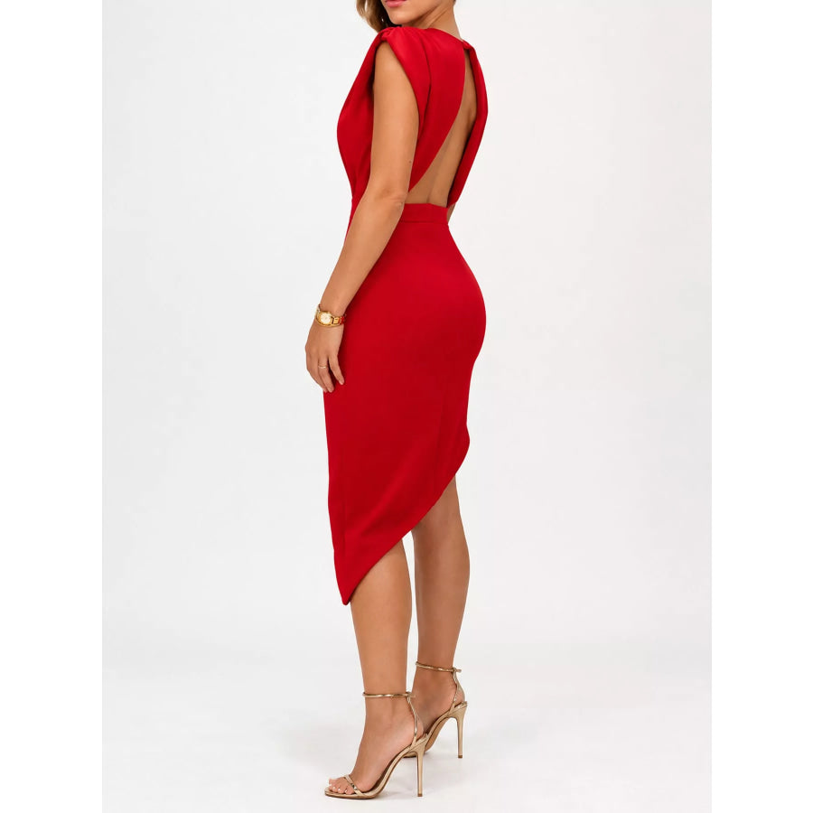 Full Size Elegant Asymmetrical Backless Pleated Dress Plus Apparel and Accessories