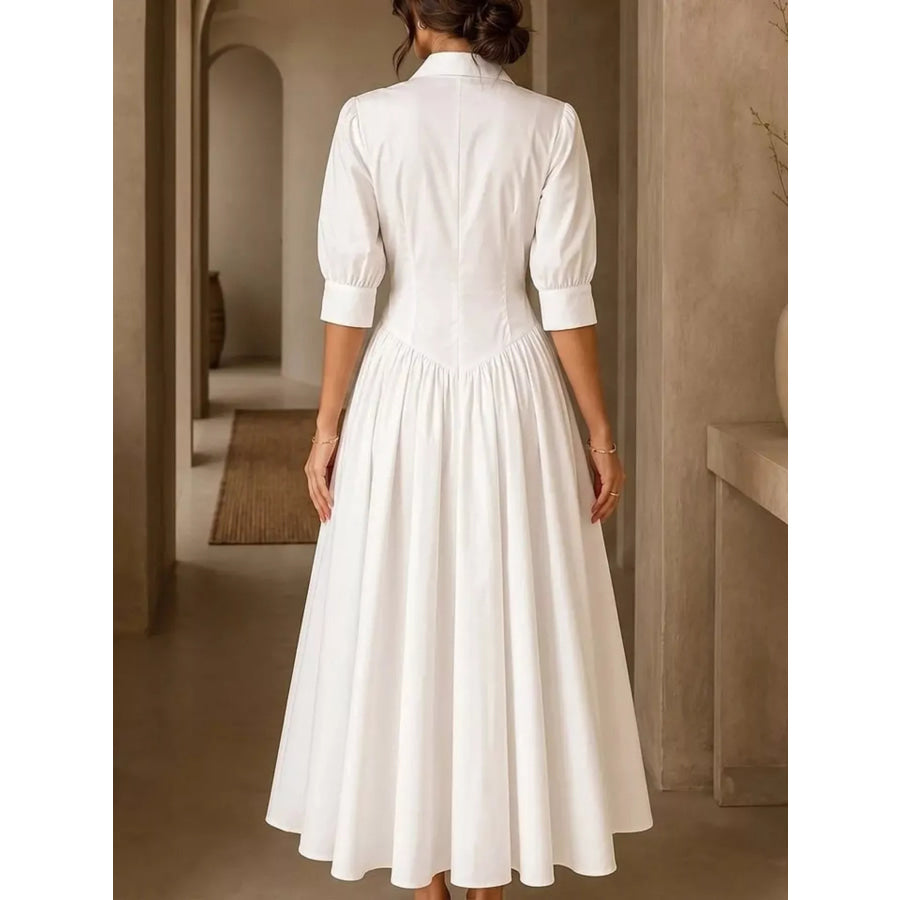 Full Size Elegant Button-Down Shirt Dress with Cinched Waist Plus White / S Apparel and Accessories