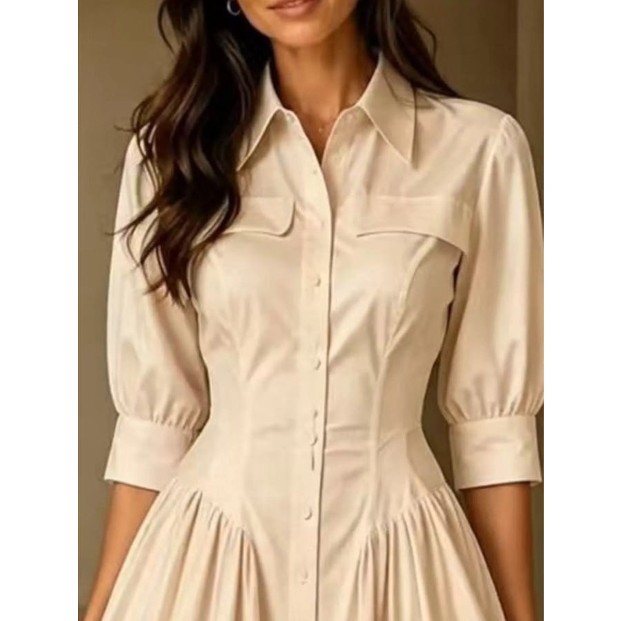 Full Size Elegant Button-Down Shirt Dress with Cinched Waist Plus Apparel and Accessories